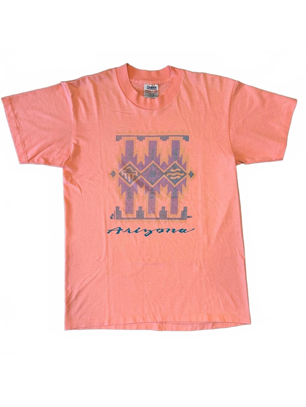 Vintage 90s Oneita Arizona Southwestern Print Salmon Coral T-Shirt Size L USA